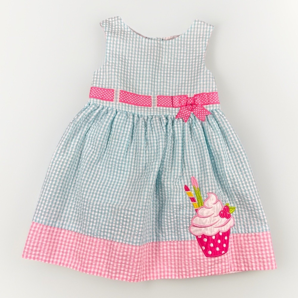 Counting Daisies Toddler Girls Aqua Checked Seersucker Cupcake Dress Size 2T